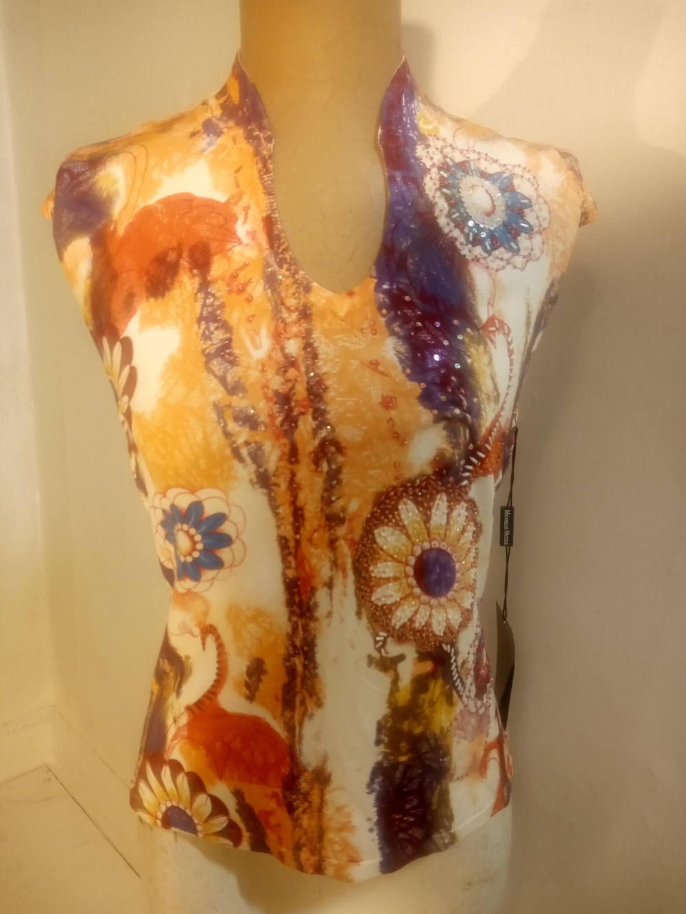 Michelle Nicole Floral V-Neck Sleeveless Camisole in Orange and Purple Sequin